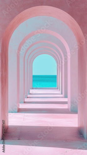 Colorful arches leading to serene ocean view  pastel pink and turquoise hues create a tranquil atmosphere  perfect for relaxation and inspiration