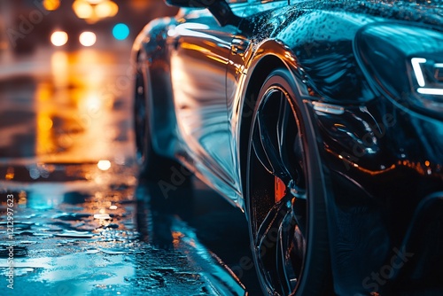 Sleek black sports car parked on a rain slicked street at night, reflecting the vibrant city lights photo