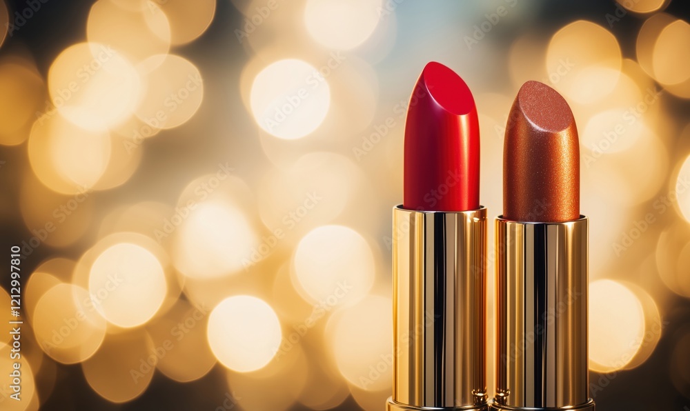 Vibrant Red and Shimmering Bronze Lipsticks with Glamorous Bokeh Background Vibrant Red and Shimmering Bronze Lipsticks with Glamorous Bokeh Background