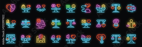 Neon icons representing work life balance, weighing time, money, love and logic, symbolizing harmony and equilibrium