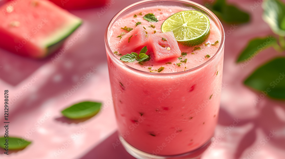 Refreshing watermelon smoothie with mint and lime slice in a vibrant setting perfect for summer enjoyment. Healthy summer fruit drink on sunlit pink background. Pink fruit smoothie, summer cocktail Refreshing watermelon smoothie with mint and lime slice in a vibrant setting perfect for summer enjoyment. Healthy summer fruit drink on sunlit pink background. Pink fruit smoothie, summer cocktail