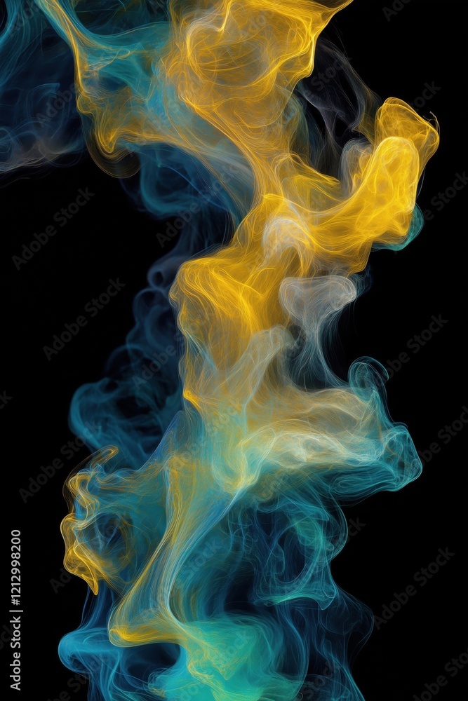 Colorful abstract smoke art swirling in vibrant hues of yellow, blue, and gray against a black background Colorful abstract smoke art swirling in vibrant hues of yellow, blue, and gray against a black background