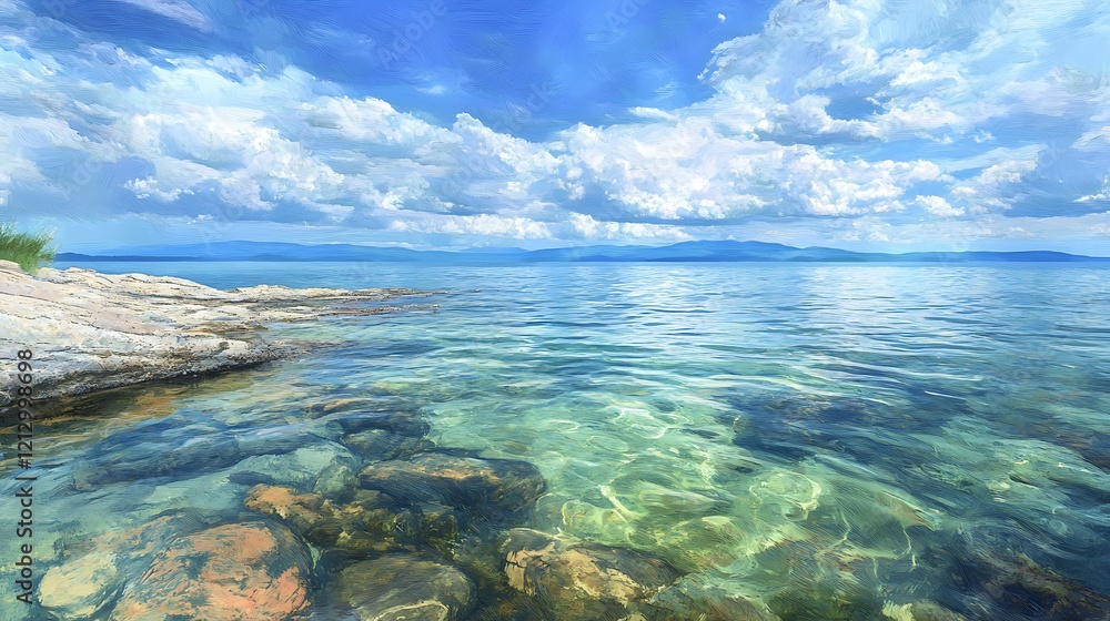 A clear and calm sea with inviting water colors blending with the sky A clear and calm sea with inviting water colors blending with the sky
