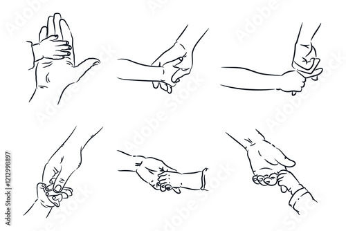 Child and parent hands hold each other, hand drawn line sketch collection vector icon illustration