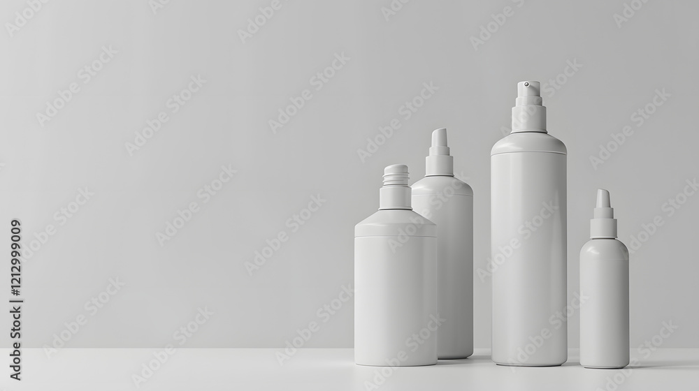 Collection of sleek white spray bottles arranged on a minimalist surface in a modern setting Collection of sleek white spray bottles arranged on a minimalist surface in a modern setting
