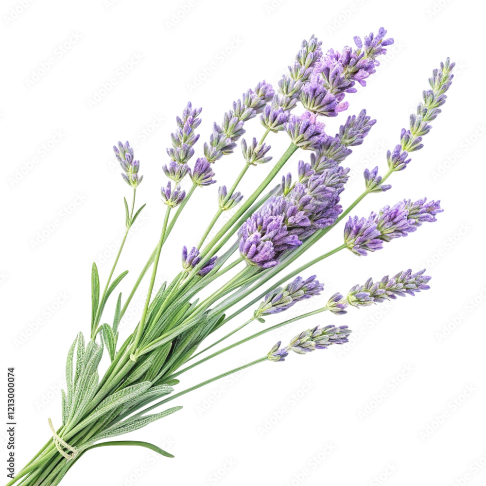 Fototapeta premium Fresh Lavender Bouquet: Purple Flowers, Green Stems, Isolated on White Background, Closeup, Natural Image