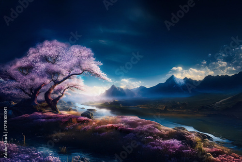 AI generative painting of a gnarled cherry tree growing on a river bank with wildflowers. Mountains in the distance at daybreak. photo