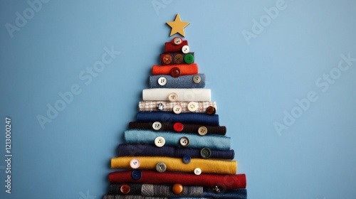 A minimalist Christmas tree is beautifully crafted from colorful fabric rolls and buttons, topped with a golden star against a pale blue background. photo