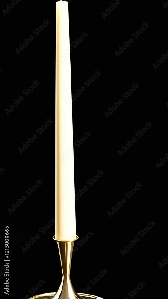 Elegant tapered candle in a golden holder against a black background creating a serene atmosphere for dining or events Elegant tapered candle in a golden holder against a black background creating a serene atmosphere for dining or events