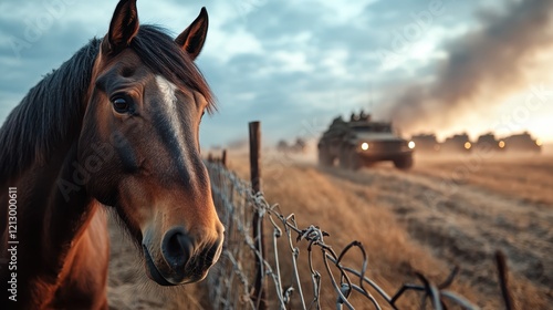 An evocative image showing a horse in the foreground with military vehicles in the background, symbolizing the contrast between nature and human conflict. photo