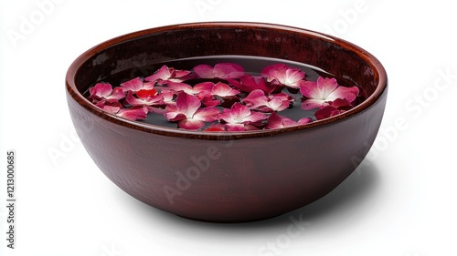 A dark bowl filled with water and floating pink rose petals, creating a serene and tranquil atmosphere.