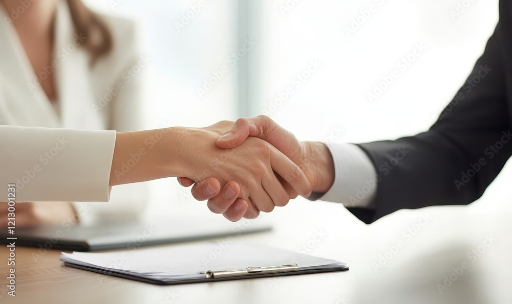 Close-up of business partners handshaking after successful agreement in office., Generative AI