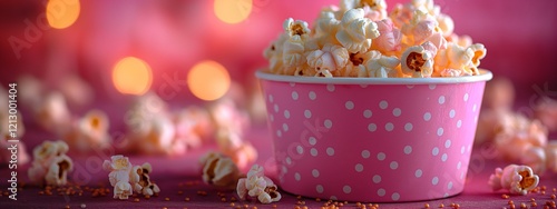 Pink bucket of popcorn stands on a plain background, heart, romance, love, date, valentine's day, movie, food, day off, snack, fun, entertainment, pack, corn, film, cinema, card, symbol