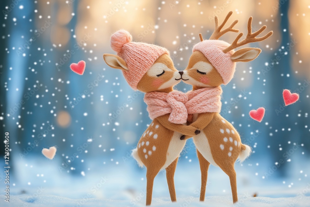 Fototapeta premium Two deer wearing scarves and surrounded by floating hearts in a snowy winter setting. Love and seasonal celebration concept.