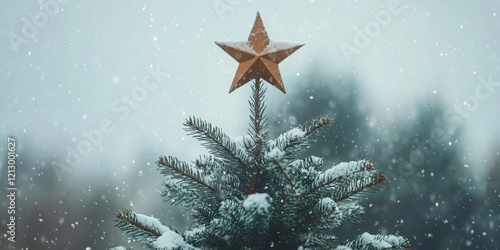 Christmas tree adorned with golden star ornament, snow-covered branches, winter wonderland atmosphere, gentle snowfall, blurred evergreen background photo