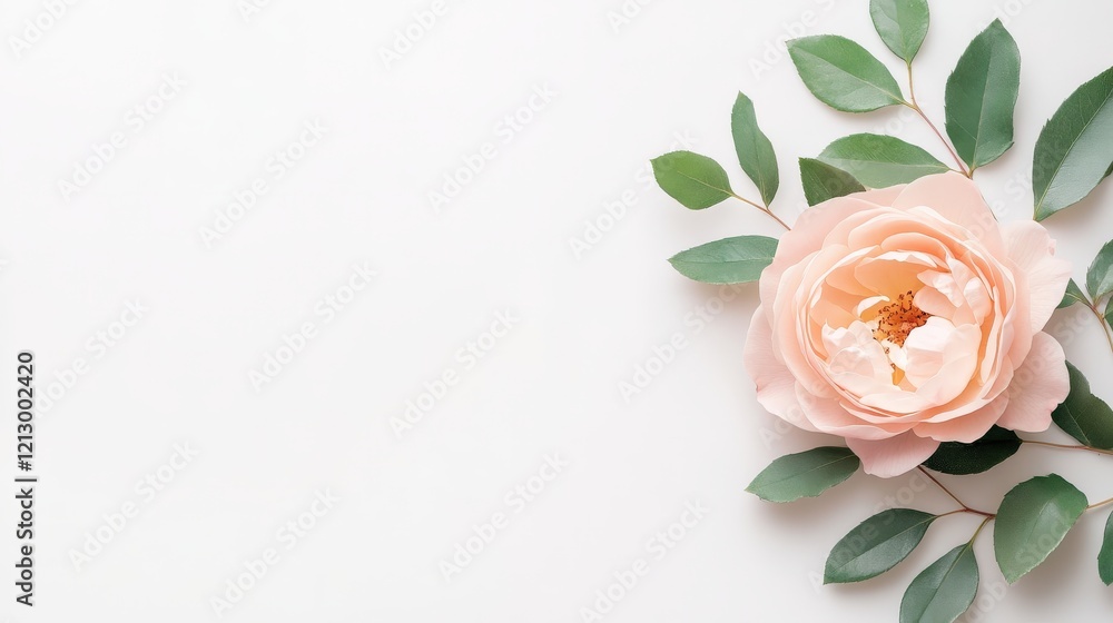 Fototapeta premium Peach Rose Blossom with Green Leaves on White