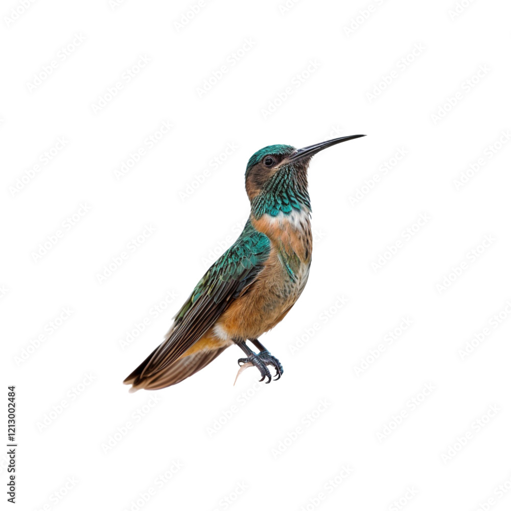 Fototapeta premium Hummingbird Perched: A captivating hummingbird, resplendent with vibrant plumage and delicate features, perches gracefully, its slender beak poised as if ready to sip nectar.