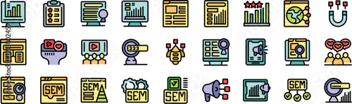 Colorful set of search engine marketing icons featuring optimization, ranking, advertising, targeting, lead generation, and other related concepts