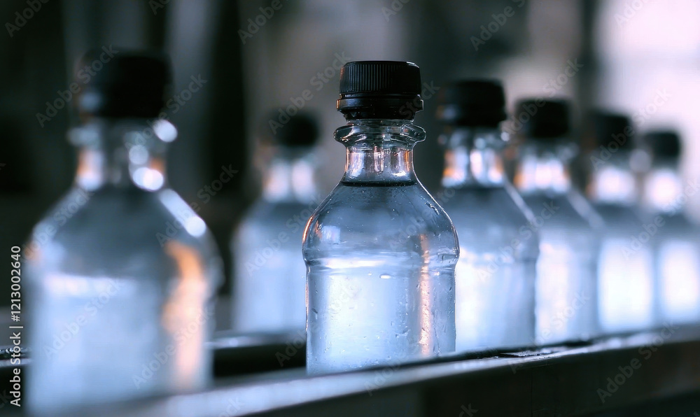 Automated Bottling Line Showcasing Efficient Industrial Production of Beverages in a Modern Factory Setting with Glass Containers on Conveyor Belt Automated Bottling Line Showcasing Efficient Industrial Production of Beverages in a Modern Factory Setting with Glass Containers on Conveyor Belt