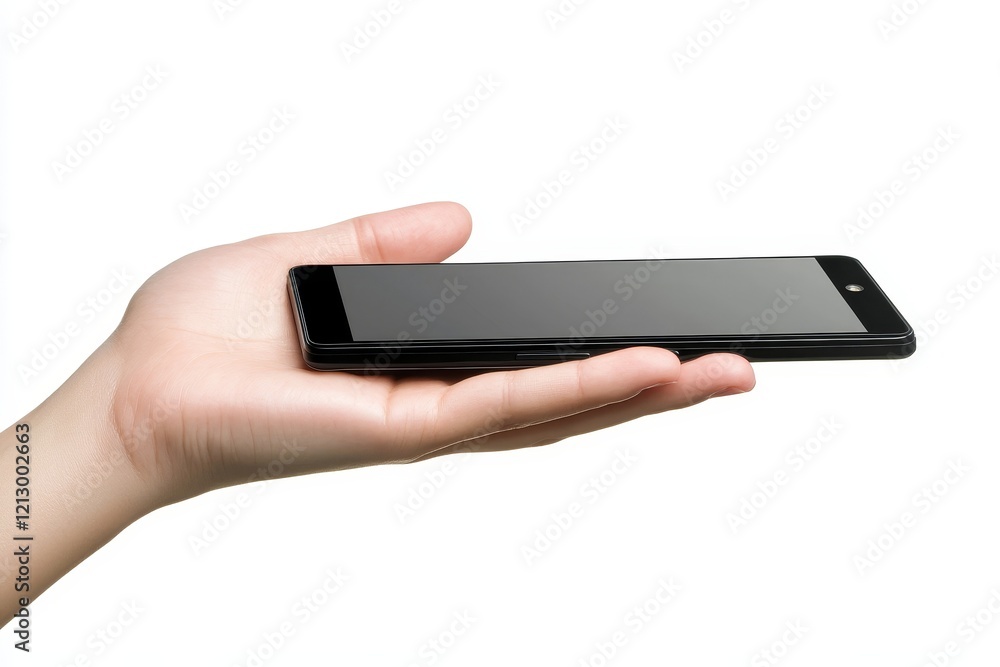 Hand holding black smartphone with white screen mockup and isolated on white background , file smartphone frameless application design concept., Generative AI Hand holding black smartphone with white screen mockup and isolated on white background , file smartphone frameless application design concept., Generative AI
