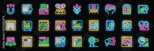 Neon icon set representing search engine marketing - sem - strategies for boosting online presence and driving website traffic