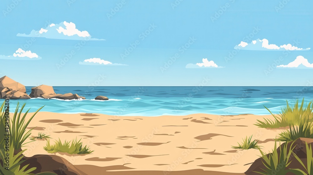 Serene Beach Scene With Rocks And Grass Serene Beach Scene With Rocks And Grass