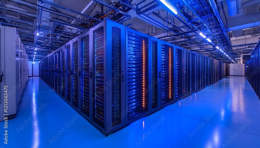 A modern data center featuring advanced server racks illuminated by vibrant blue lighting. This high-tech environment showcases the backbone of contemporary digital infrastructure. A modern data center featuring advanced server racks illuminated by vibrant blue lighting. This high-tech environment showcases the backbone of contemporary digital infrastructure.