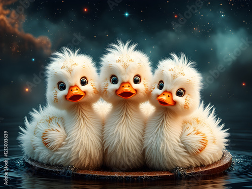 The image portrays three delightful ducks with bright, expressive eyes and soft, white feathers embellished with intricate, colorful patterns. They are happily gathered on a charming boat floating ove photo