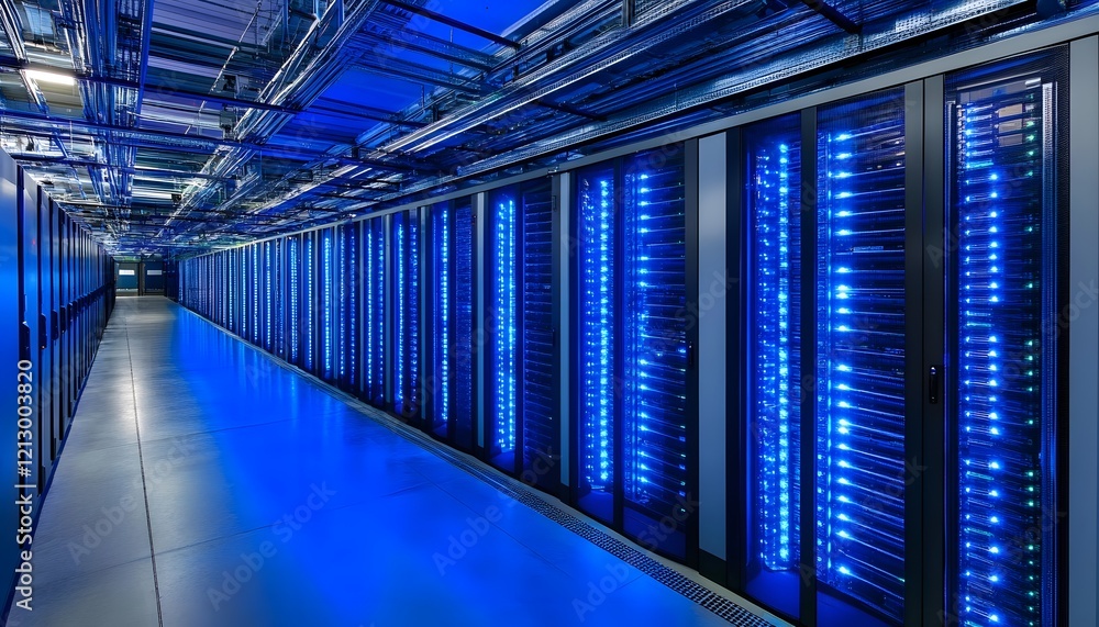 A modern server room featuring rows of blue-lit servers. The high-tech environment showcases advanced cooling systems and organized cabling, emphasizing efficiency and innovation. A modern server room featuring rows of blue-lit servers. The high-tech environment showcases advanced cooling systems and organized cabling, emphasizing efficiency and innovation.