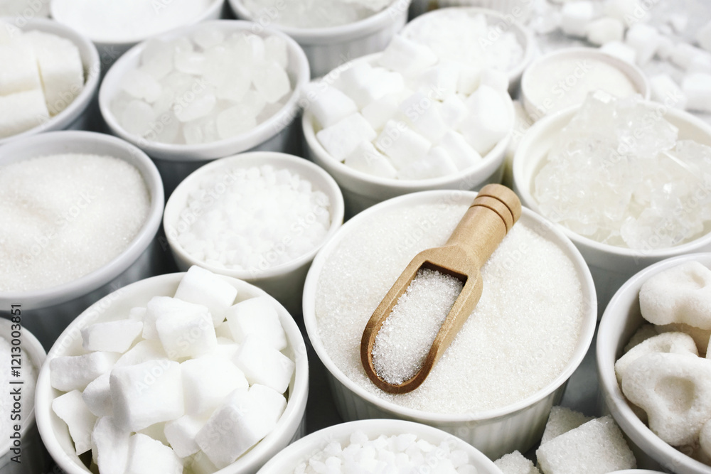 Mix of white refined sugar varieties: granulated, cubes, powder and candies; selective focus Mix of white refined sugar varieties: granulated, cubes, powder and candies; selective focus