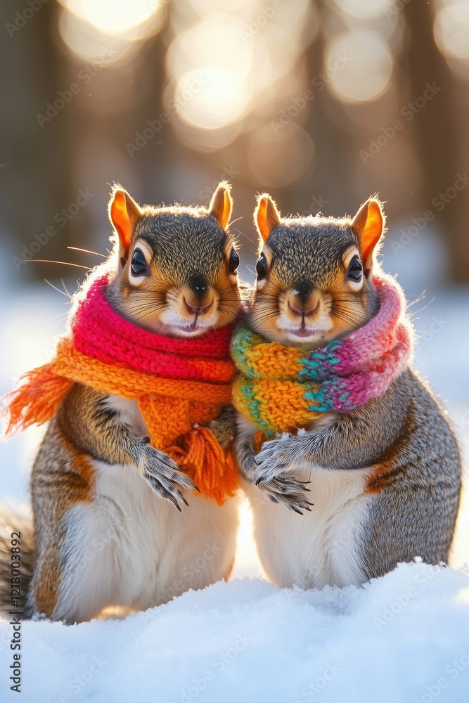 Squirrels in Colorful Scarves Embracing in Snowy Winter Wonderland, Captivating Portrait of Two Adorable Rodents Squirrels in Colorful Scarves Embracing in Snowy Winter Wonderland, Captivating Portrait of Two Adorable Rodents