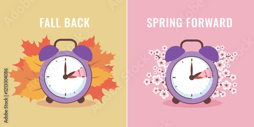 Switch to summer and winter time. Daylight saving time vector illustration. Spring forward, fall back