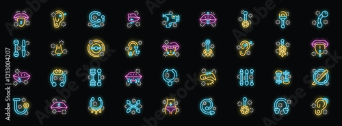 Glowing neon icons representing various body piercings, including ear, nose, lip, tongue, and navel piercings, along with piercing jewelry and a piercing gun