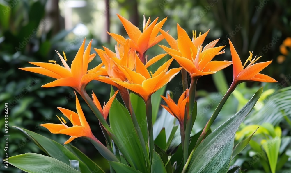 Vibrant orange heliconia flowers showcasing tropical beauty in lush green foliage, perfect for nature lovers and botanical enthusiasts Vibrant orange heliconia flowers showcasing tropical beauty in lush green foliage, perfect for nature lovers and botanical enthusiasts