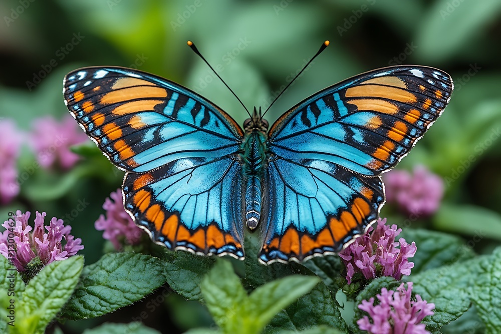 Naklejka premium Vibrant Blue Butterfly on Lush Green Foliage
