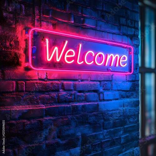 sign on wall, neon sign, neon welcome lettering photo