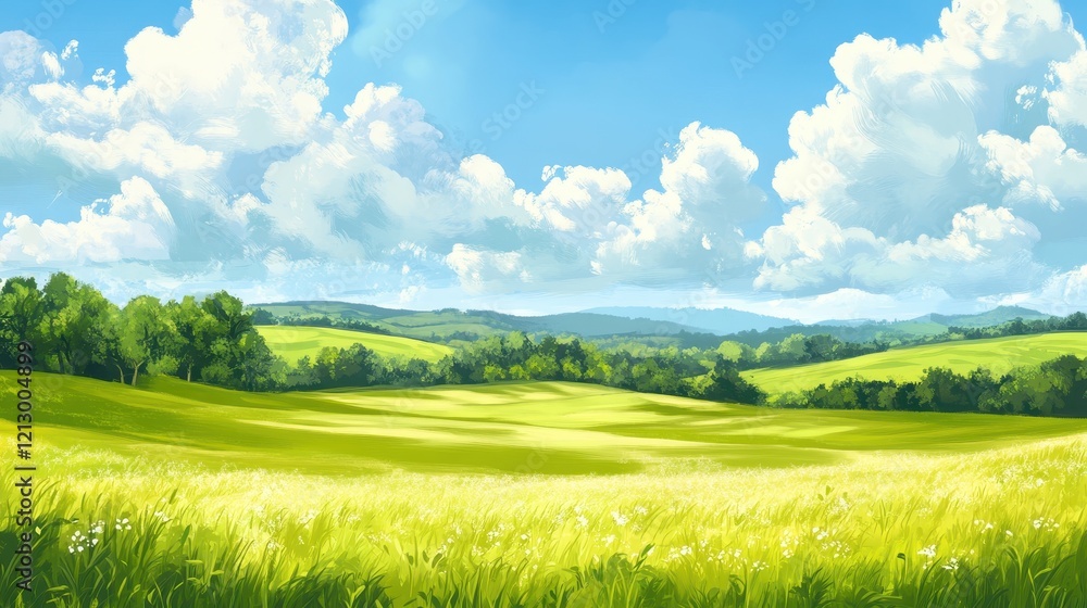 Fototapeta premium Serene Summer Landscape With Rolling Green Hills And Fluffy Clouds
