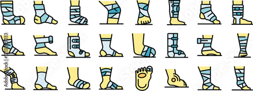 Collection of injured feet and ankles with bandages, casts, and orthopedic support devices, highlighting different types of injuries and treatments