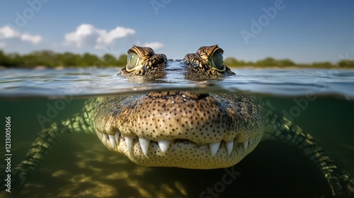 A close-up perspective of a crocodile's face at the water's surface with teeth showing photo