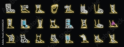 Neon icons depicting injured legs with bandages and casts, symbolizing various foot and ankle injuries
