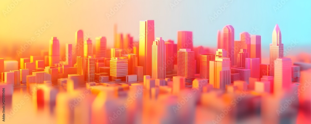 Fototapeta premium A vibrant and colorful cityscape showcasing modern skyscrapers under a glowing sunset, reflecting innovation and urban life in a bustling metropolis.