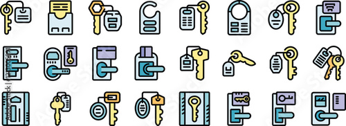 Set of colorful icons depicting various types of hotel keys, key fobs, electronic locks, and key cards, symbolizing security and access