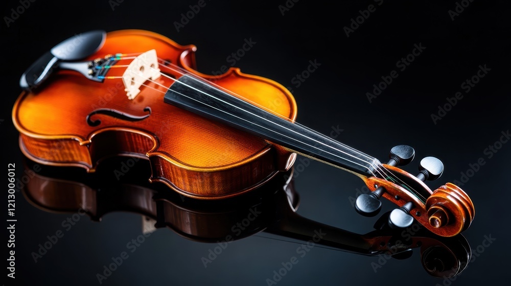 Fototapeta premium A richly textured violin reflects beautifully in a dark space, illustrating the intricate craftsmanship and emotional connection between the musician and the instrument.