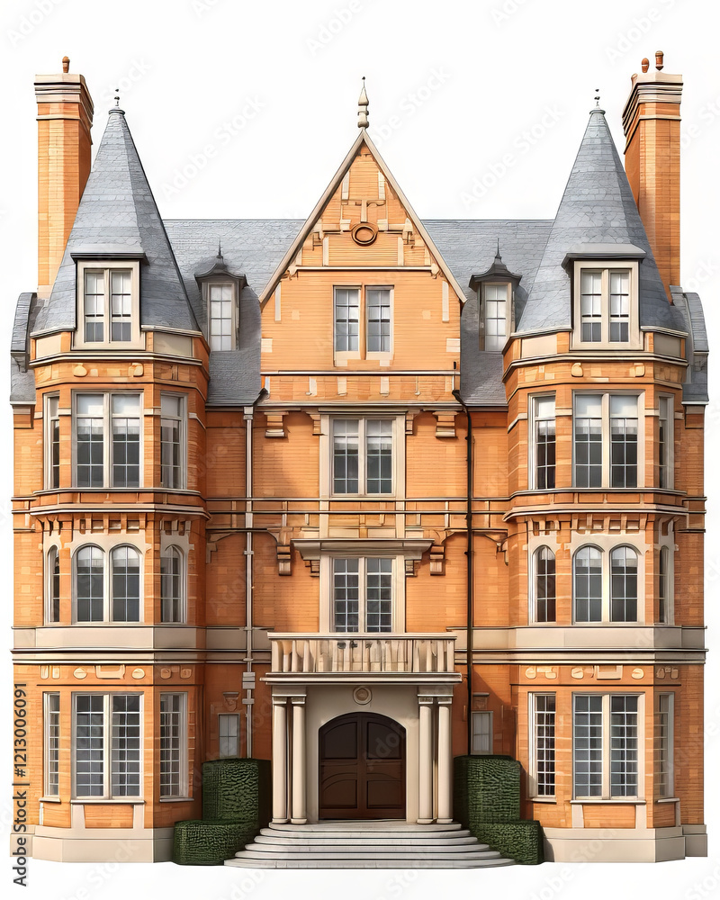 Fototapeta premium A cozy suburban duplex with a clean brick facade, white-framed windows, and a shared front yard