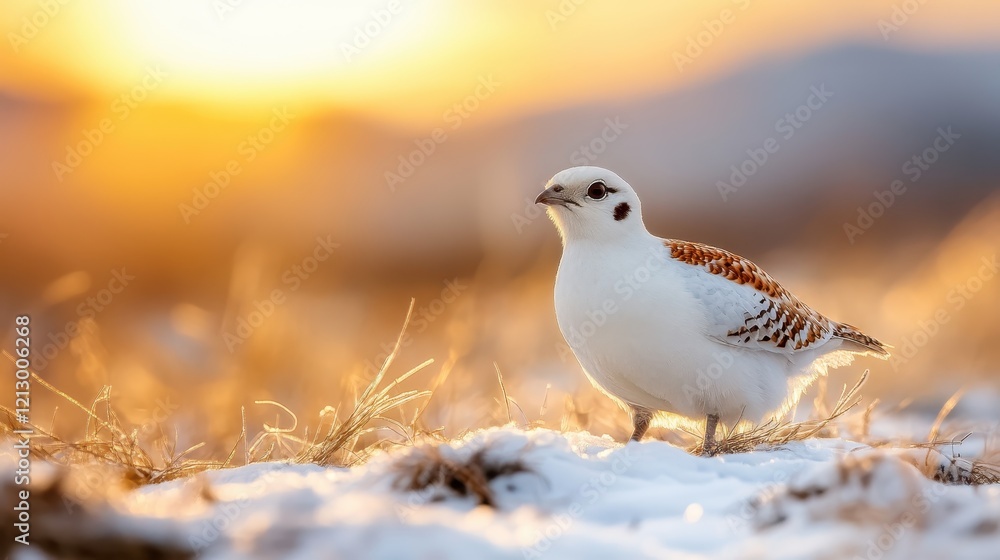 A delicate bird poised on the snow, embellished by the golden hues of sunset. This image encapsulates the tranquil essence of winter in its purest form. A delicate bird poised on the snow, embellished by the golden hues of sunset. This image encapsulates the tranquil essence of winter in its purest form.