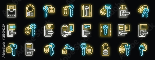 Hotel room key icons set, door key tag neon style collection