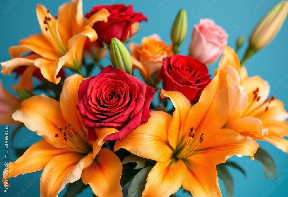 Fototapeta premium Close-up of a beautiful bouquet featuring a mix of vibrant orange lilies and red roses, with hints of peach-colored roses