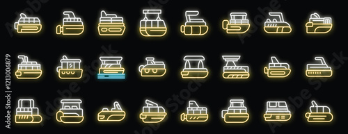 Set of glowing neon pontoon boat icons illuminating various designs and styles for recreational activities