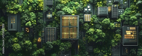 Aerial view of urban buildings intertwined with lush greenery, showcasing a harmonious blend of architecture and nature, highlighting the importance of sustainable urban developmen photo