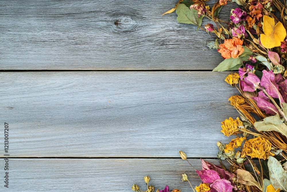 Dried Flowers on Rustic Wooden Background Grey Wood Planks Floral Design Dried Flowers on Rustic Wooden Background Grey Wood Planks Floral Design